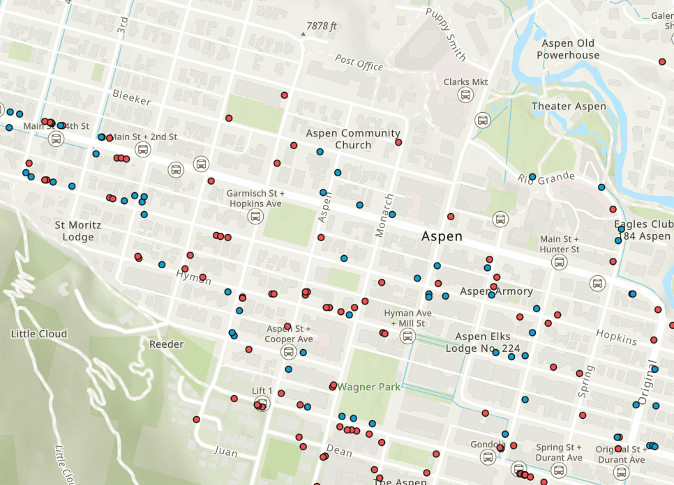 Sidewalk Repair Deficiency Map using colored dots to depict types of sidewalk defects