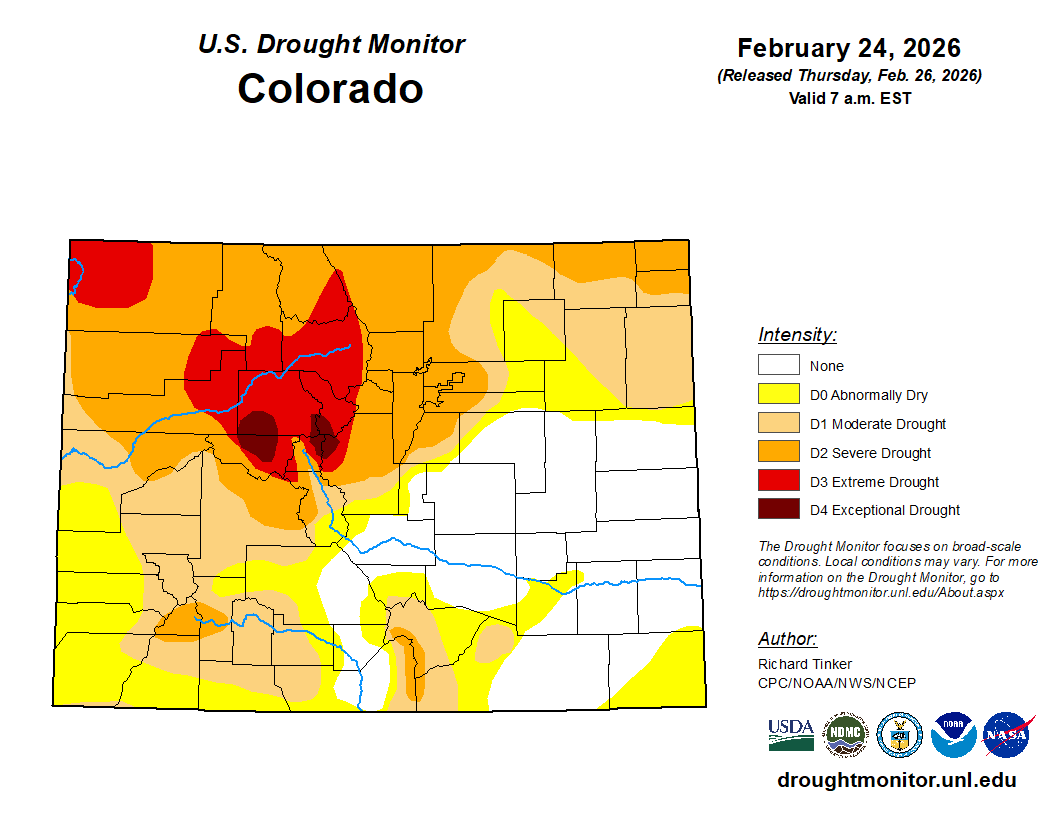 February 24th 2026 Drought Map showing Pitkin County in Extreme and Exception drought stages.
