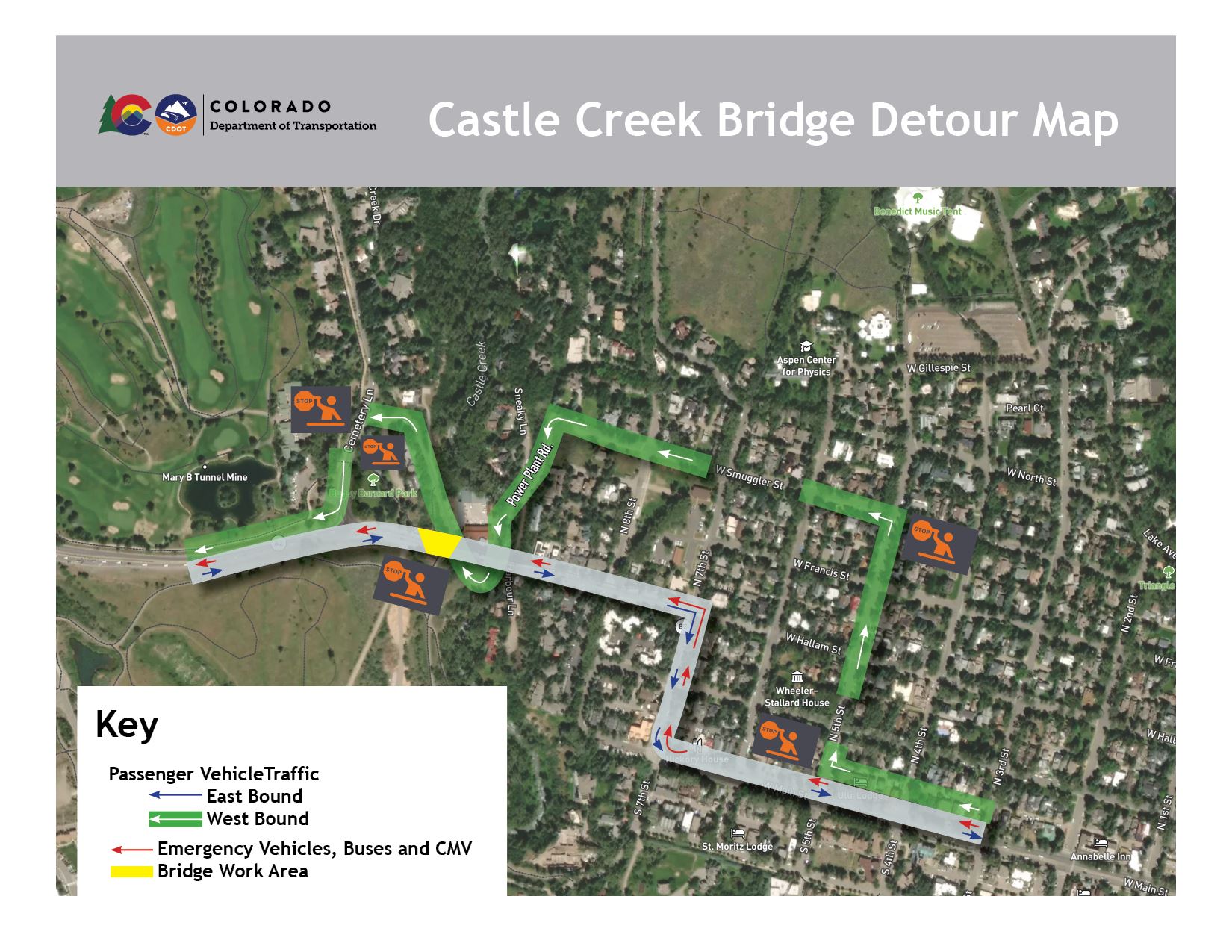 A detour map for westbound vehicle traffic using Power Plant Road instead of Castle Creek Bridge 